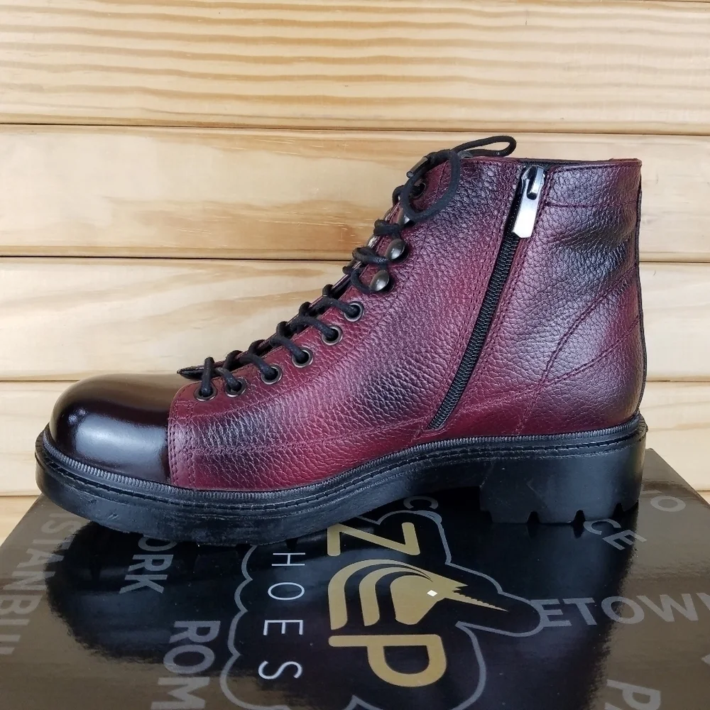 Men's 100% Genuine Leather Ankle Boots 8 US Burgundy Paul Branco Side Zip